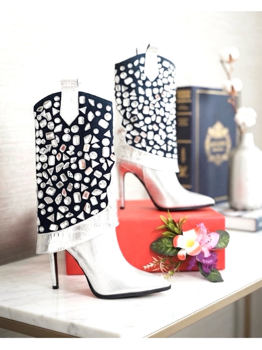 Lauren Lorraine Silver Crystal Rhinestone Western Stiletto Boots Black Suede - Picture 10 of 11